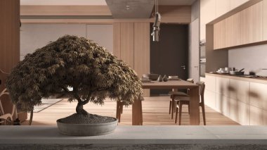 Saksı çiçekli ahşap masa rafı, bej yapraklar, çiçekler, mutfak üzerinde beton detaylar, iç tasarım, zen temiz mimari fikri ile yemek odası