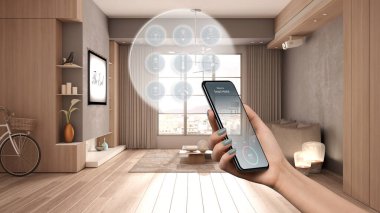 Telefon uygulamasında akıllı ev teknolojisi arayüzü, artırılmış gerçeklik, şeylerin interneti, bağlı nesnelerle oturma odasının iç tasarımı, kadın el kumandası cihazı