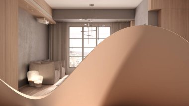 Soyut mimari arka plan, dalgalı sıvı şekil, yaratıcı duvar, bej renkli minimalist oturma odası ahşap ve beton detaylar, pencere, perdeler, parke, koltuklar