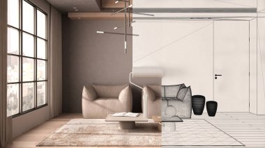 Boyalı paten çizimi iç tasarım tasarım tasarımı çizimi arka plan. Bu arada alan çok az yer gösteriyor. Önce ve sonra, mimar tasarımcı yaratıcı iş akışı