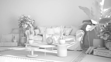 Toplam beyaz proje taslağı, klasik, eski tarz oturma odası, kanepe, halı ve yastıklar, dekorlu masalar ve saksı bitkileri, halı, fotokopi alanı ile retro iç tasarım kavramı