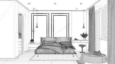 Proje taslağı, asgari klasik yatak odası, yatak odası, yorgan ve yastıklı çift kişilik yatak, yan masalar ve halı. Parke ve sıva duvarlar, lüks iç tasarım fikri.