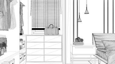 Proje taslağı, asgari klasik yatak odası dolabı, yorgan ve yastıklı çift kişilik yatak, lambalı yan masalar, elbiseler. Parke ve sıva duvarlar, iç tasarım.