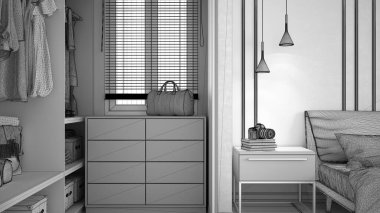 Tamamlanmamış proje taslağı, dolap, yorgan ve yastıklı çift kişilik yatak odası, lambalı yan masalar, elbiseler. Parke ve sıva duvarlar, iç tasarım.