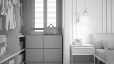 Tamamen beyaz proje taslağı, küçük klasik yatak odası, yatak odası, yorgan ve yastıklı çift yatak, lambalı yan masalar, elbiseler. Parke ve sıva duvarlar, iç tasarım.