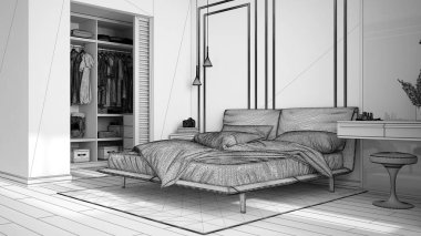 Tamamlanmamış proje taslağı, dolap, yorgan ve yastıklı çift kişilik yatak odası, yan masalar ve halı. Parke ve sıva duvarlar, lüks iç tasarım fikri.