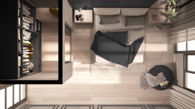 Küçük klasik yatak odası, gri tonda, yatak odası, yorgan, yastık, sehpa ve halı. Üst görünüm, plan, üst kısım, iç tasarım fikri