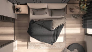 Küçük klasik yatak odası, gri tonlu, yorgan ve yastıklı çift kişilik yatak yan masalar, lambalar, halı. Parke zemin, üst görünüm, plan, üst kısım, kesit, iç tasarım fikri