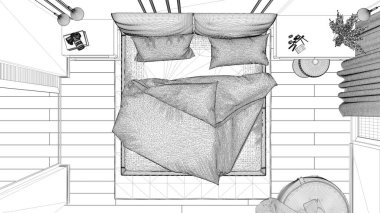 Proje taslağı, minimal klasik yatak odası, yorgan ve yastıklı çift kişilik yatak, yan masalar, halı. Parke zemin, üst görünüm, plan, üst kısım, kesit, iç tasarım fikri