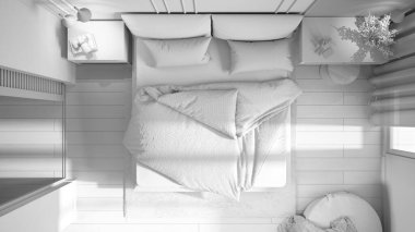Tamamen beyaz proje taslağı, minimal klasik yatak odası, yorgan ve yastıklı çift kişilik yatak, yan masalar, halı. Parke zemin, üst görünüm, plan, üst kısım, kesit, iç tasarım fikri