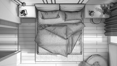 Bitmemiş proje taslağı, minimal klasik yatak odası, yorgan ve yastıklı çift kişilik yatak, yan masalar, halı. Parke zemin, üst görünüm, plan, üst kısım, kesit, iç tasarım fikri