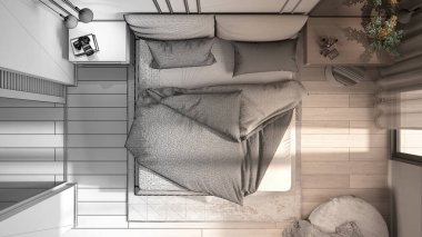 Mimar iç mimar konsepti: bitirilmemiş proje gerçek, klasik yatak odası, yorganı olan yatak odası. Parke zemin, üst görünüm, plan, üst kısım, kesit, tasarım fikri