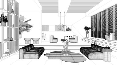 Proje taslağı, çağdaş oturma odası, kanepe, koltuk, halı, masalar, basamaklar ve saksı bitkileri, kolye lambaları. İç tasarım atmosferi, mimari fikir