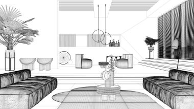 Proje taslağı, çağdaş oturma odası, kanepe, koltuk, halı, masalar, basamaklar ve saksı bitkileri, kolye lambaları. İç tasarım atmosferi, mimari fikir