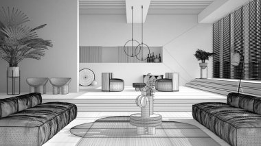 Bitmemiş beyaz proje taslağı, çağdaş oturma odası, kanepe, koltuk, halı, masalar, basamaklar ve saksı bitkileri, kolye lambaları. İç tasarım atmosferi, mimari fikir