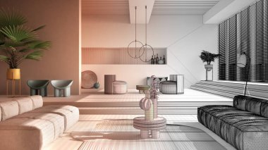 Mimari iç mimar konsepti: gerçek, çağdaş oturma odası, kanepe, koltuk, halı, masa, adımlar, bitkiler haline gelen tamamlanmamış proje. Tasarım atmosferi, mimari fikir