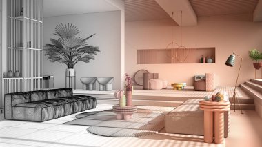 Mimari iç mimar konsepti: gerçek, çağdaş oturma odası, kanepe, koltuk, halı, masa, adımlar, bitkiler haline gelen tamamlanmamış proje. Tasarım atmosferi, mimari fikir