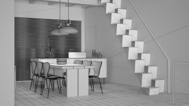 Tamamlanmamış proje taslağı, modern merdivenleri olan minimalist mutfak, ada, sandalyeli masa, kolye lambaları, parke zemin. Açığa çıkmış kirişli asma kat, gösterişli iç tasarım