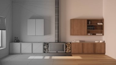 Mimari iç mimar konsepti: bitirilmemiş proje gerçek, modern oturma odası, şömineye yakın çekim, minimal dolaplar, çağdaş iç tasarım gösteri konsepti fikri