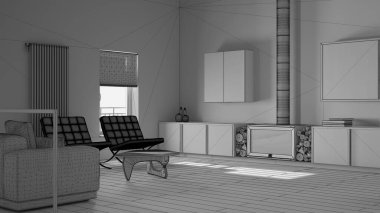 Tamamlanmamış proje taslağı, şömineli modern oturma odası, parke zemin, asgari dolaplar, kanepe ve koltuk, mobilya ayrıntıları, çağdaş iç dizayn konsepti fikri