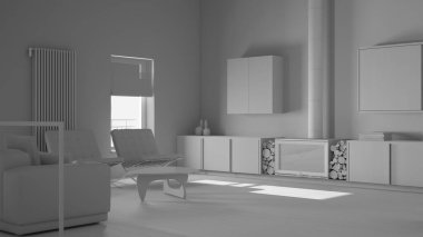 Toplam beyaz proje taslağı, şömineli modern oturma odası, parke zemin, minimal dolaplar, kanepe ve koltuk, mobilya ayrıntıları, çağdaş iç dizayn konsepti fikri