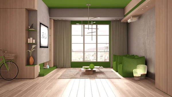 Minimalistisches Wohnzimmer Grüntönen Mit Holz Und Betondetails Fenster Vorhänge Parkett — Stockfoto