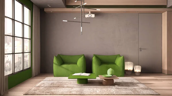 Minimalistisches Wohnzimmer Grüntönen Mit Holz Und Betondetails Fenster Mit Vorhängen — Stockfoto