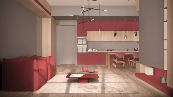 Minimalist Oturma Odası Mutfak Kırmızı Tonlarda Ahşap Somut Detaylarla Sandalyeli — Stok fotoğraf