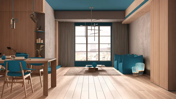 Minimalistische Keuken Met Eetkamer Blauwe Tinten Met Houten Betonnen Details — Stockfoto