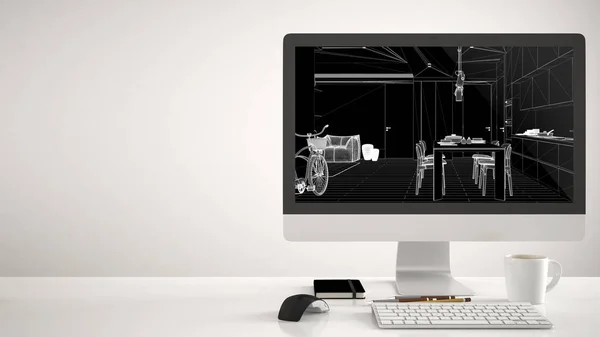 建筑师之家项目概念 白色背景的台式电脑 显示卡德草图的工作台 客厅和餐厅 有桌子和椅子室内设计的厨房 — 图库照片