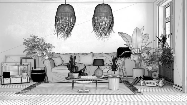 Unfinished project draft, vintage, old style living room, sofa, carpet, pillows and rattan pendant lamps, tables with decors and potted plants, carpet, retro interior design concept
