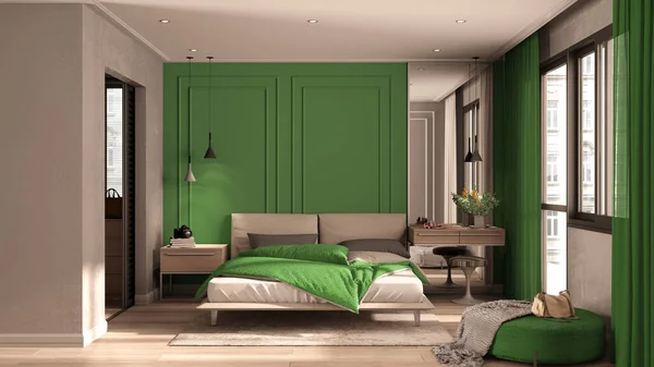 Мінімальна Класична Спальня Зелених Тонах Вбиральнею Двоспальне Ліжко Ковдрою Подушками — стокове фото