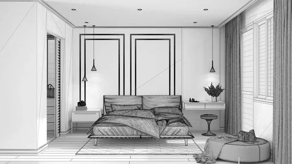 Незавершенный Проект Минимальная Классическая Спальня Прихожей Двуспальная Кровать Одеялом Подушками — стоковое фото