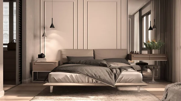 Mínimo Dormitorio Clásico Tonos Beige Con Walk Closet Cama Doble — Foto de Stock