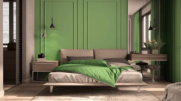 Quarto Clássico Mínimo Tons Verdes Com Closet Cama Casal Com — Fotografia de Stock