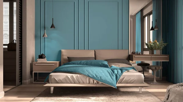 Mínimo Dormitorio Clásico Tonos Azules Con Walk Closet Cama Doble — Foto de Stock