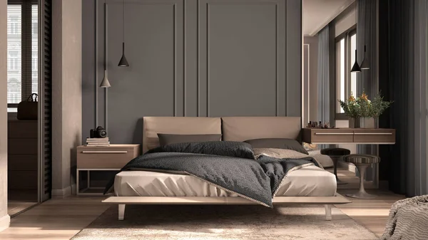 회색의 고전적 침실에서 베트와 베개가 램프와 사이드 테이블 Parquet Stucco — 스톡 사진