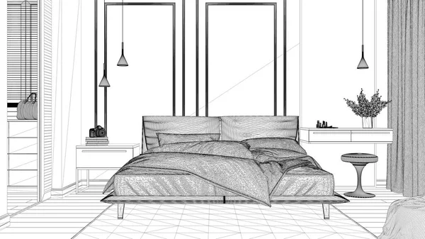 蓝图项目草案 最小经典卧室与走进衣柜 双人床与羽绒被和枕头 侧桌和地毯 拼贴和粉刷墙壁 豪华室内设计理念 — 图库照片