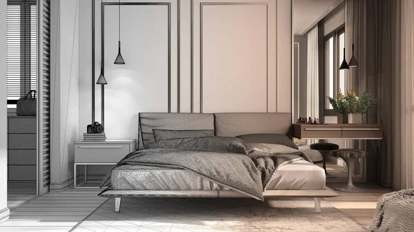 Architektonisches Innenarchitekturkonzept Unvollendetes Projekt Das Real Wird Minimalistisches Klassisches Schlafzimmer — Stockfoto