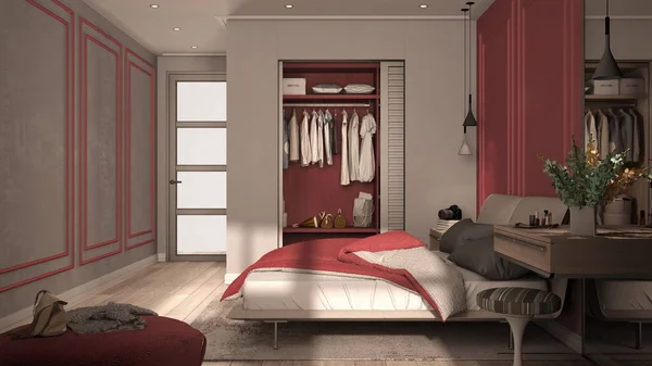 Классическая Спальня Красных Тонах Двуспальная Кровать Одеялом Подушками Тумбочки Ленточками — стоковое фото