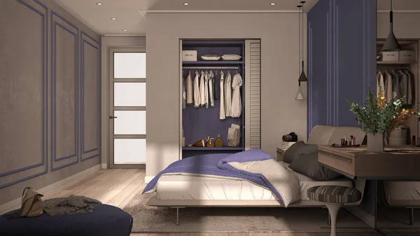 Minimum Klasik Yatak Odası Mor Tonlarda Dolabı Mor Yorgan Yastıklı — Stok fotoğraf