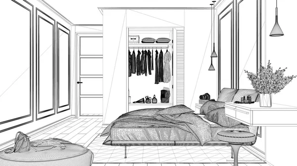 Проект Чертежа Минимальная Классическая Спальня Гардеробной Двуспальная Кровать Одеялом Подушками — стоковое фото