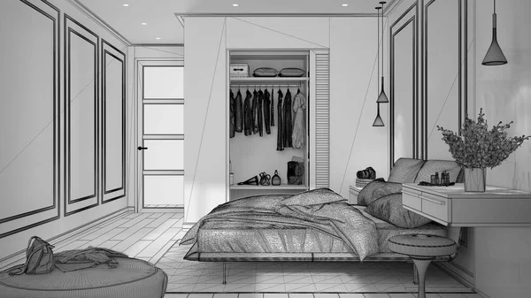Unfinished Project Draft Minimal Classic Bedroom Walk Closet Double Bed — Stock Photo, Image