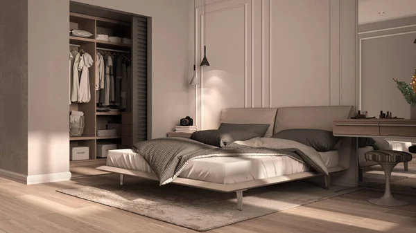 Minimale Chambre Classique Dans Des Tons Beige Avec Dressing Lit — Photo