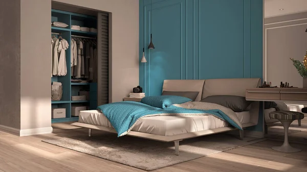 Классическая Спальня Синих Тонах Двуспальной Кроватью Одеялом Подушками Тумбочками Ленточками — стоковое фото