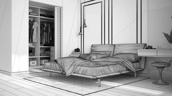 Незавершенный Проект Минимальная Классическая Спальня Прихожей Двуспальная Кровать Одеялом Подушками — стоковое фото