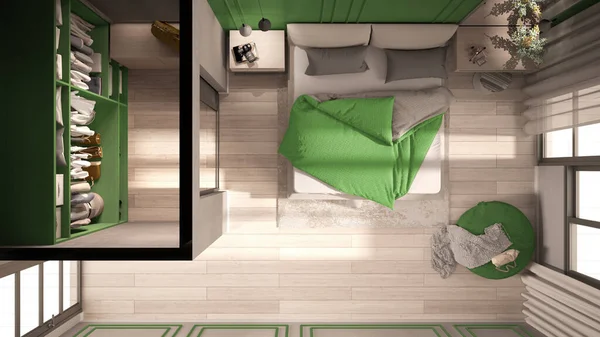 Minimal Classic Bedroom Green Tones Walk Closet Double Bed Duvet — Stock Photo, Image