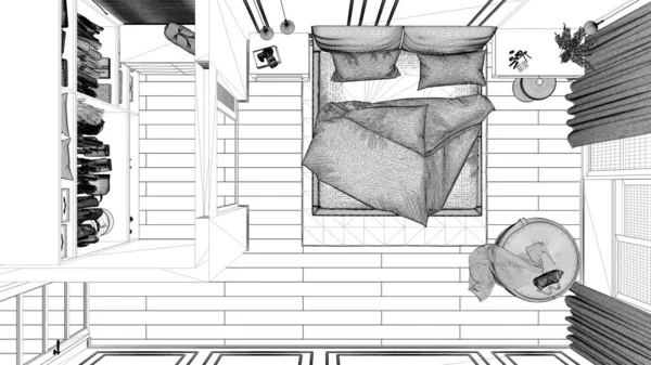 Proyecto Boceto Dormitorio Clásico Mínimo Con Vestidor Cama Doble Con —  Fotos de Stock