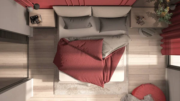 Классическая Спальня Красных Тонах Двуспальная Кровать Одеялом Подушками Тумбочки Ланч — стоковое фото