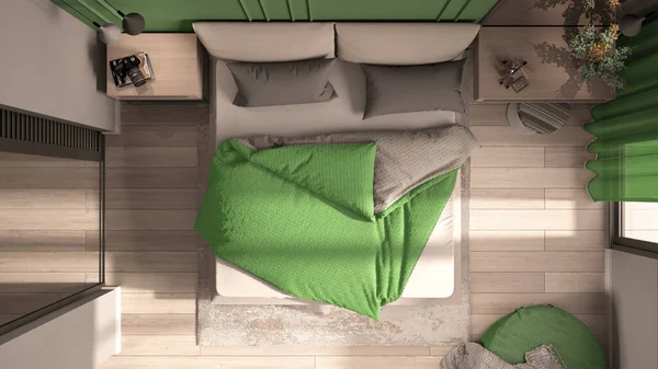 Minimal classic bedroom in green tones, double bed with duvet and pillows, side tables, lamps, carpet. Parquet floor, top view, plan, above, cross section, interior design idea